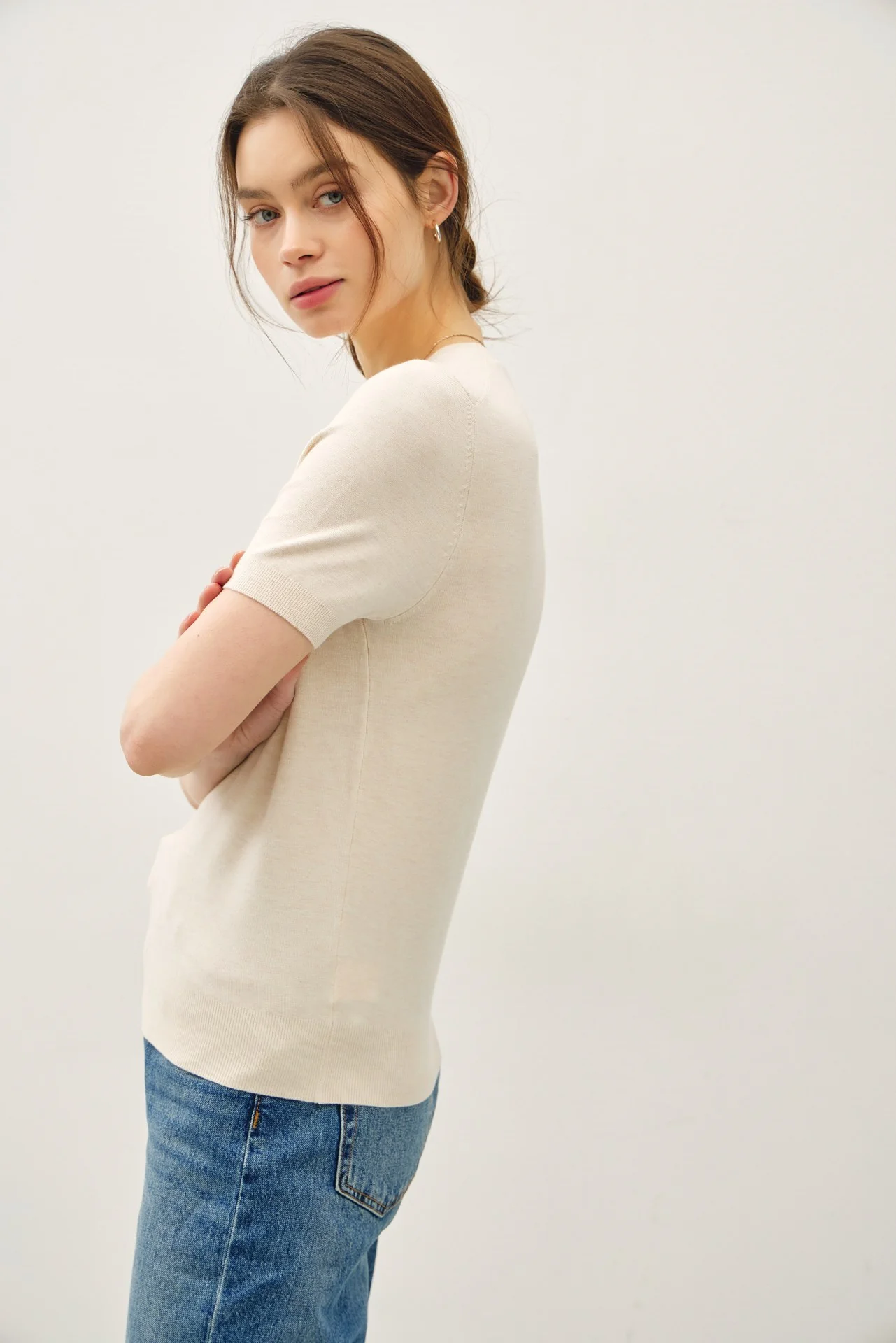 Basic Sweater Tee with Cuffing Detail at Sleeve - Image 7