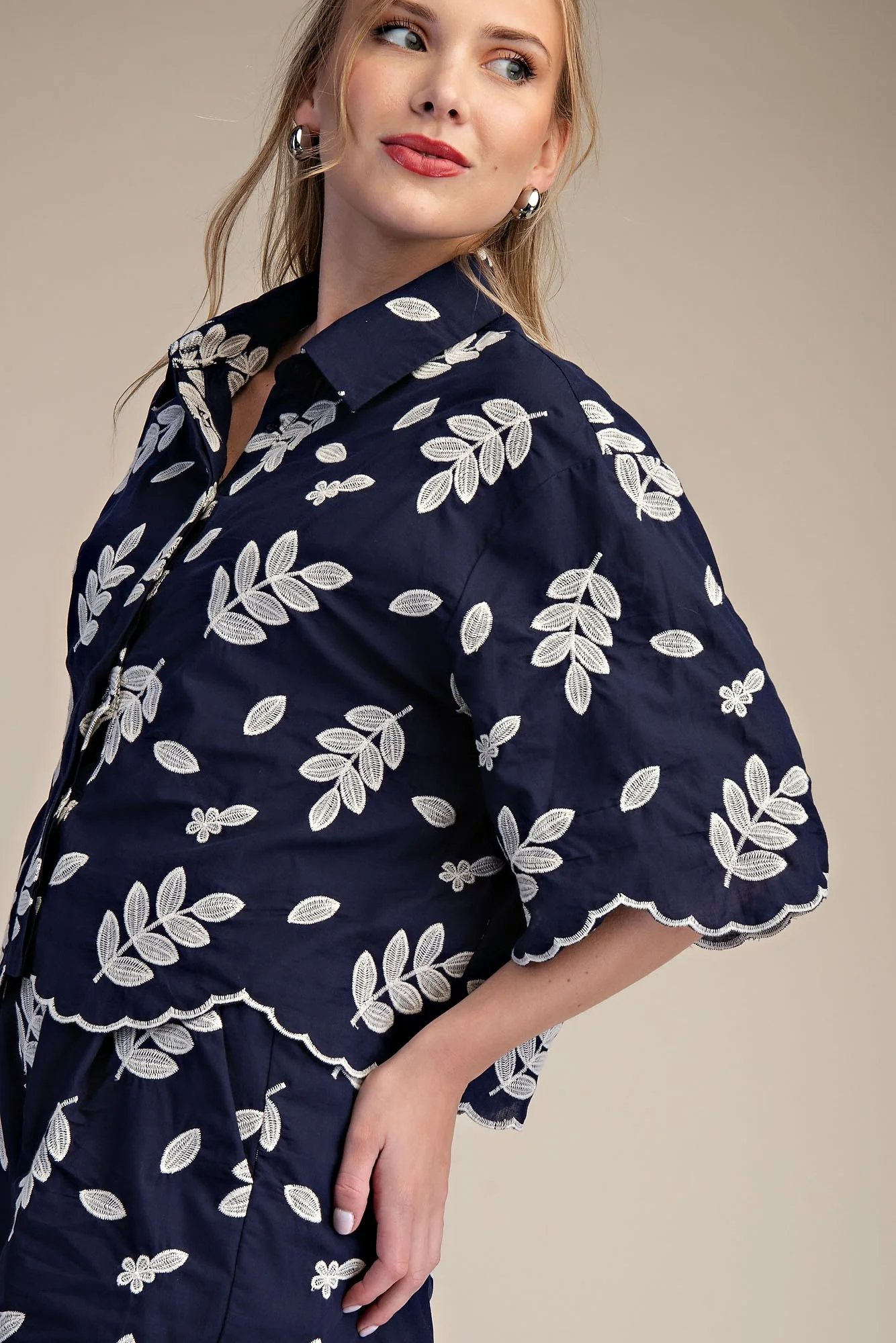Collar Neck Button Down Eyelet Crop Shirt