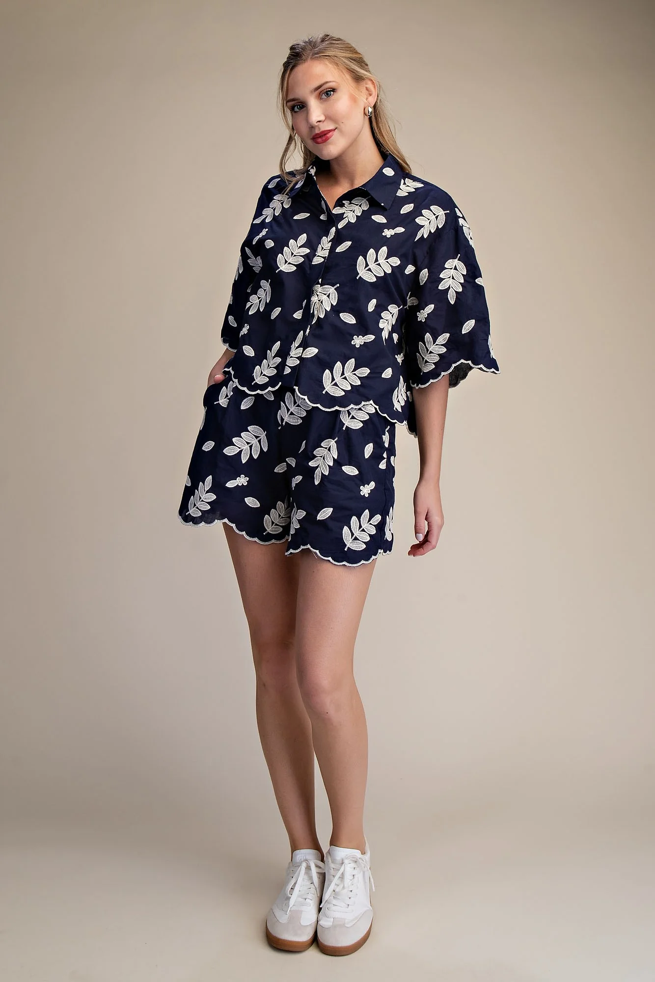 Collar Neck Button Down Eyelet Crop Shirt - Image 2