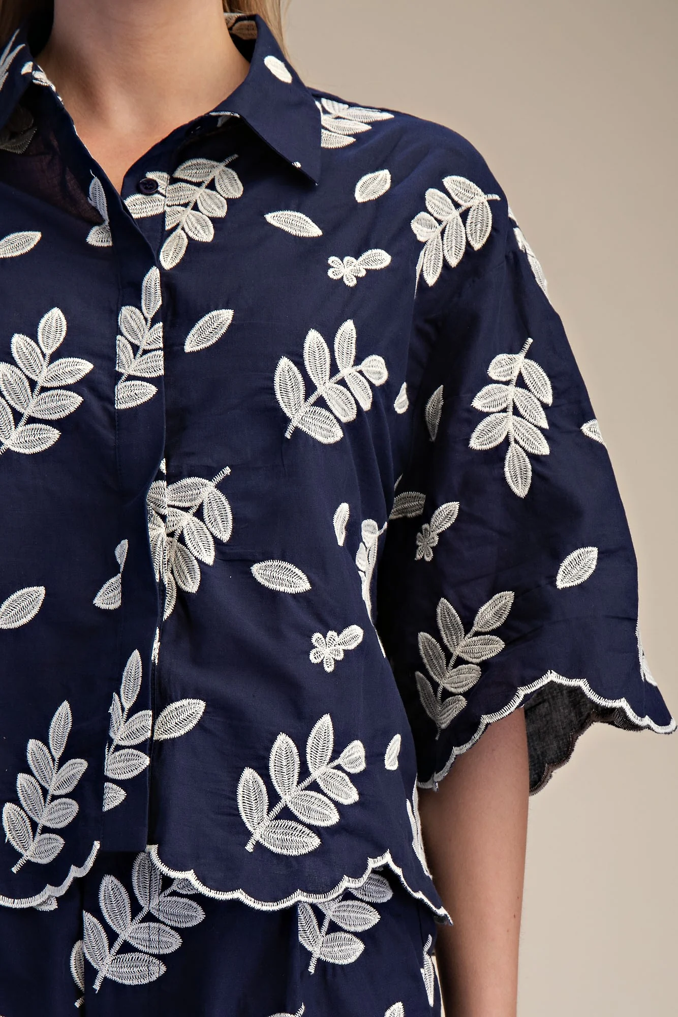 Collar Neck Button Down Eyelet Crop Shirt - Image 3