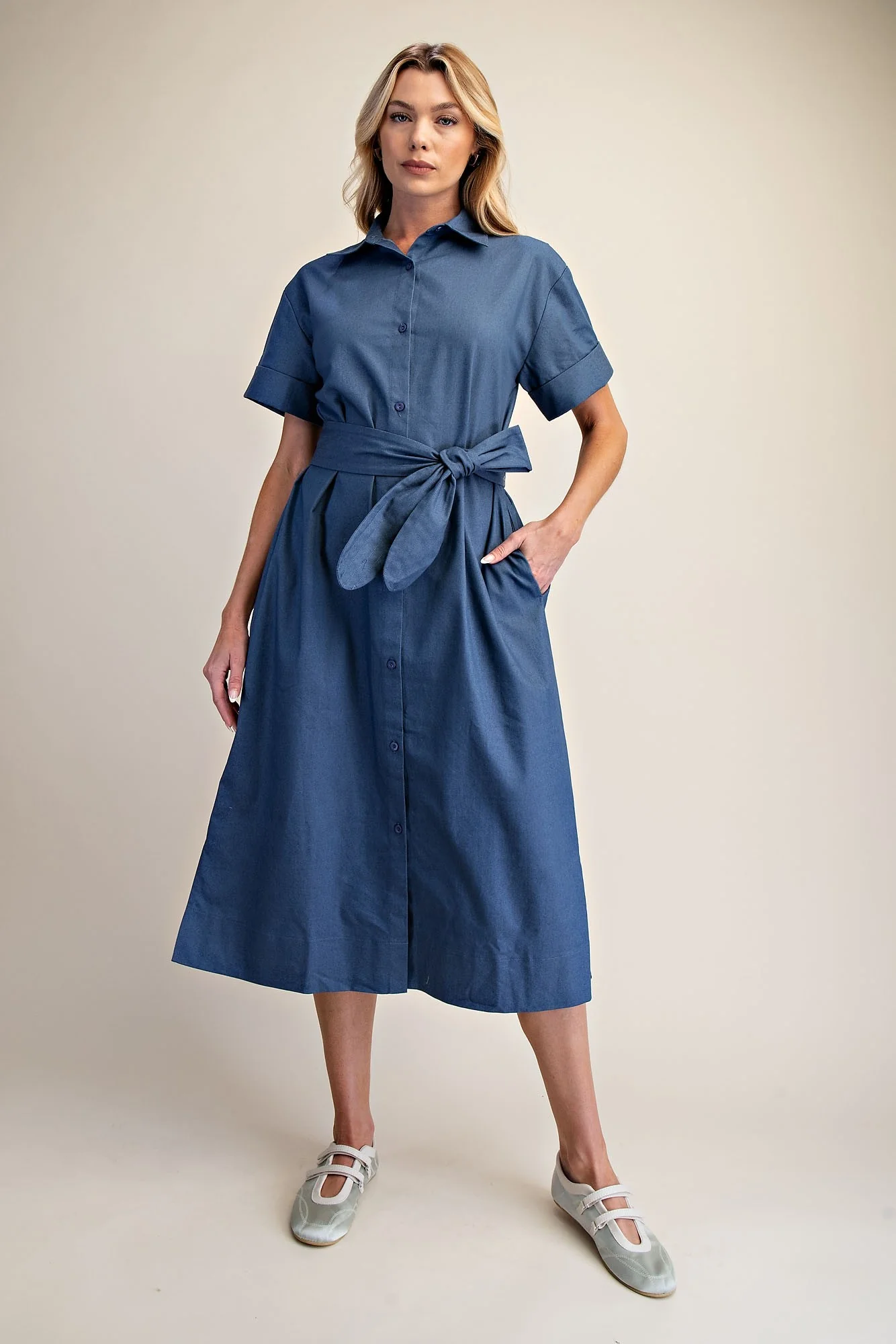 Collar Neck Button Down Shirt Waist Tie Midi Dress