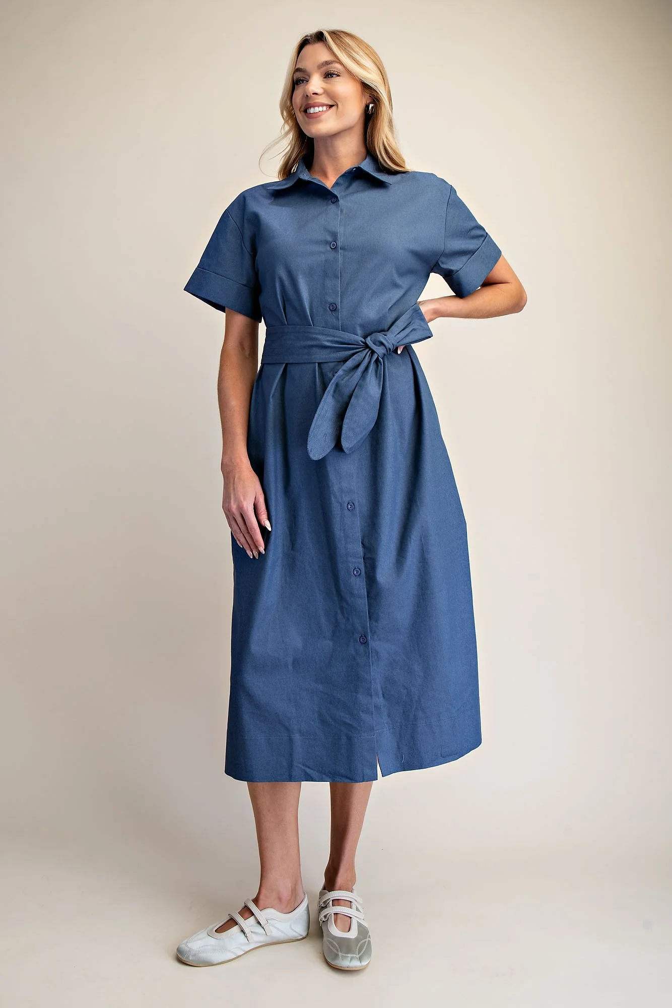 Collar Neck Button Down Shirt Waist Tie Midi Dress - Image 2