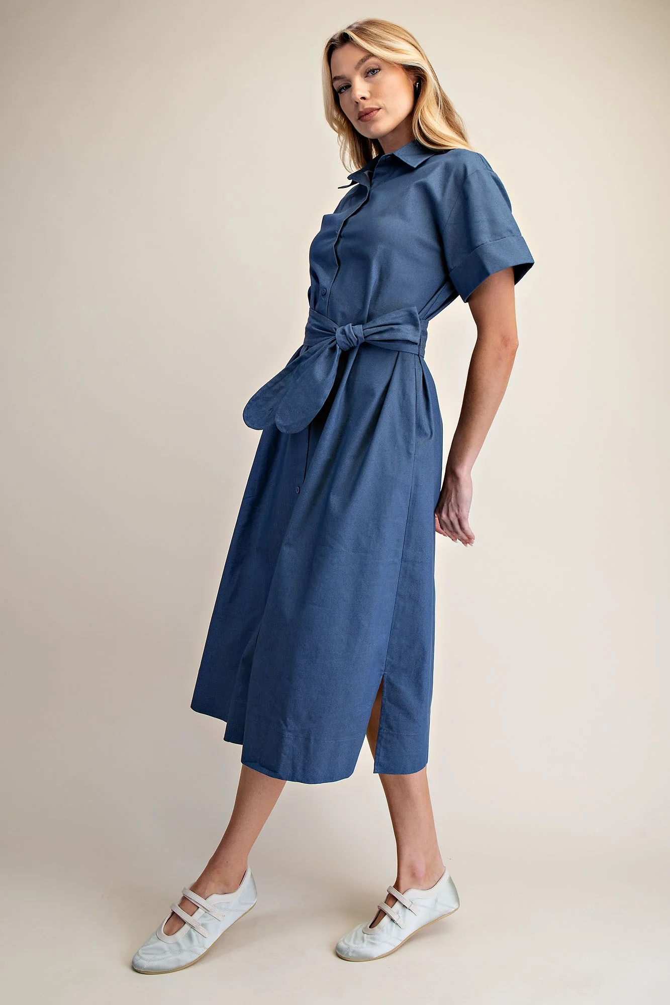 Collar Neck Button Down Shirt Waist Tie Midi Dress - Image 3