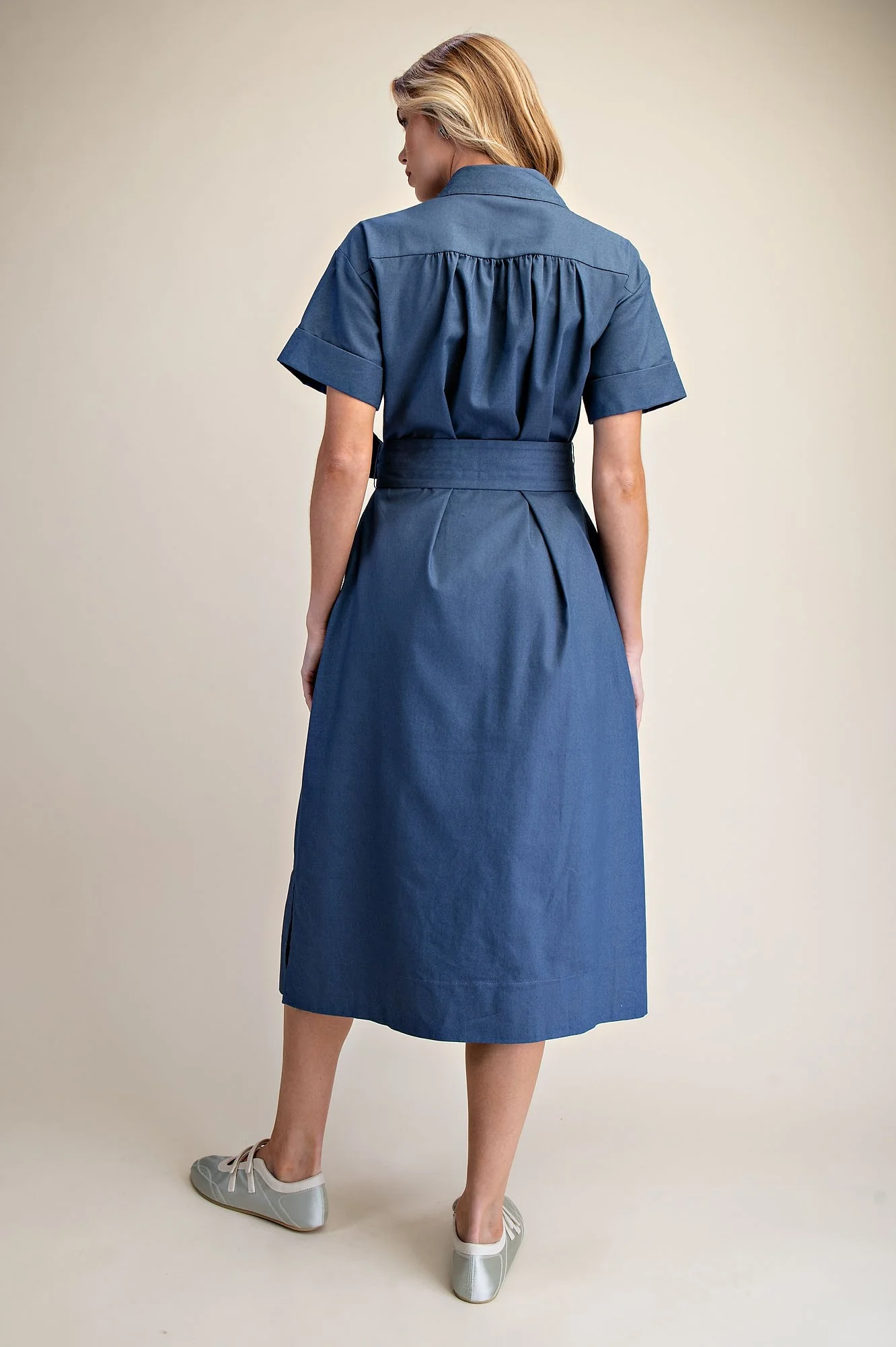 Collar Neck Button Down Shirt Waist Tie Midi Dress - Image 4