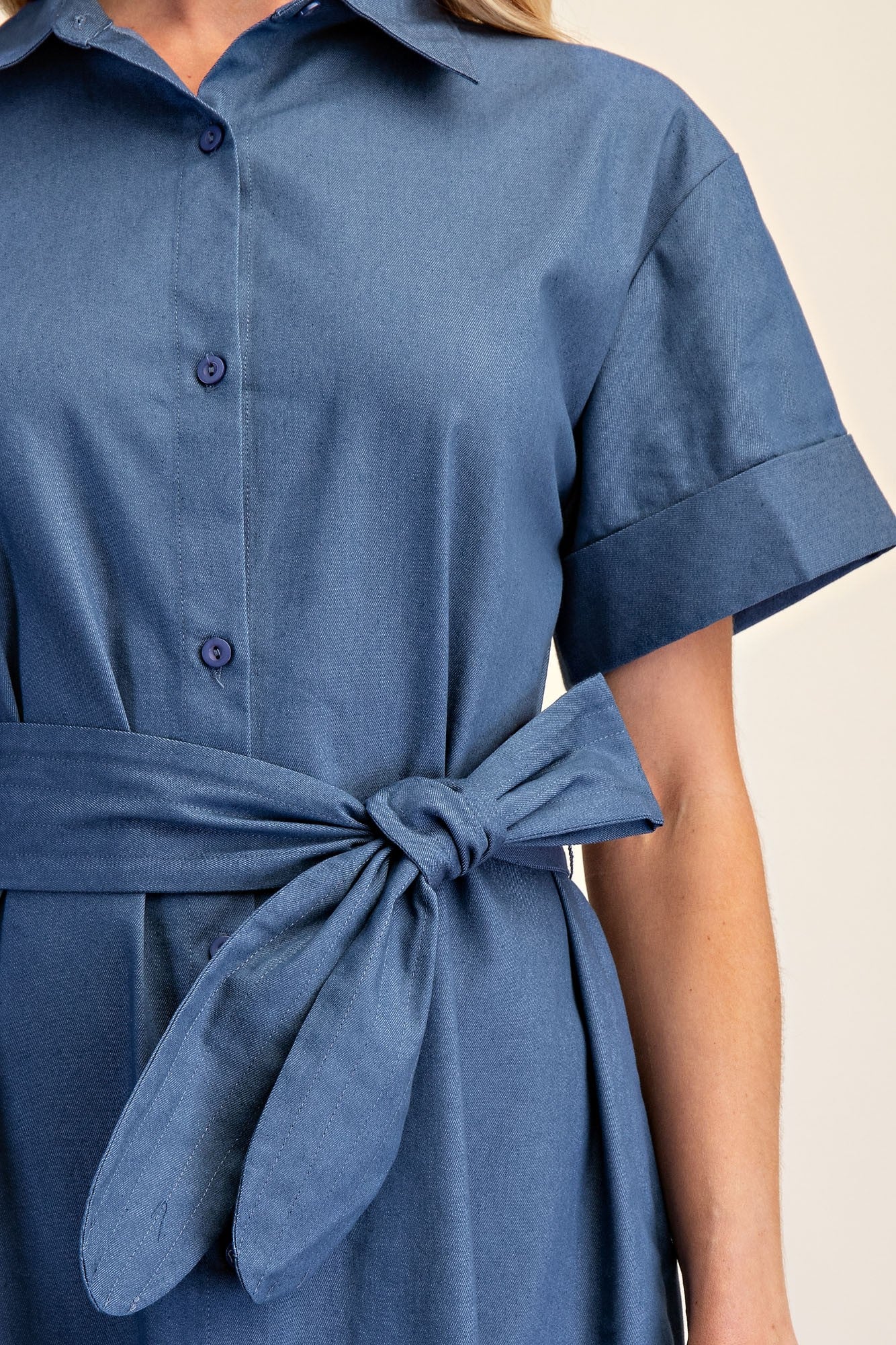 Collar Neck Button Down Shirt Waist Tie Midi Dress - Image 5