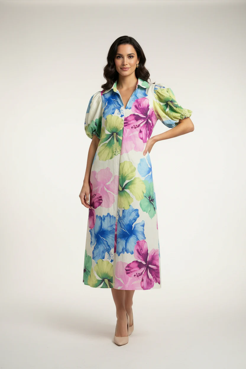 COLLAR V-NECK BUTTON DOWN MIDI DRESS