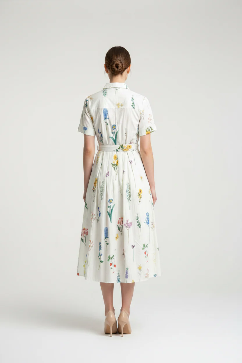 COLLARED BUTTON DOWN BELTED FLORAL MIDI DRESS