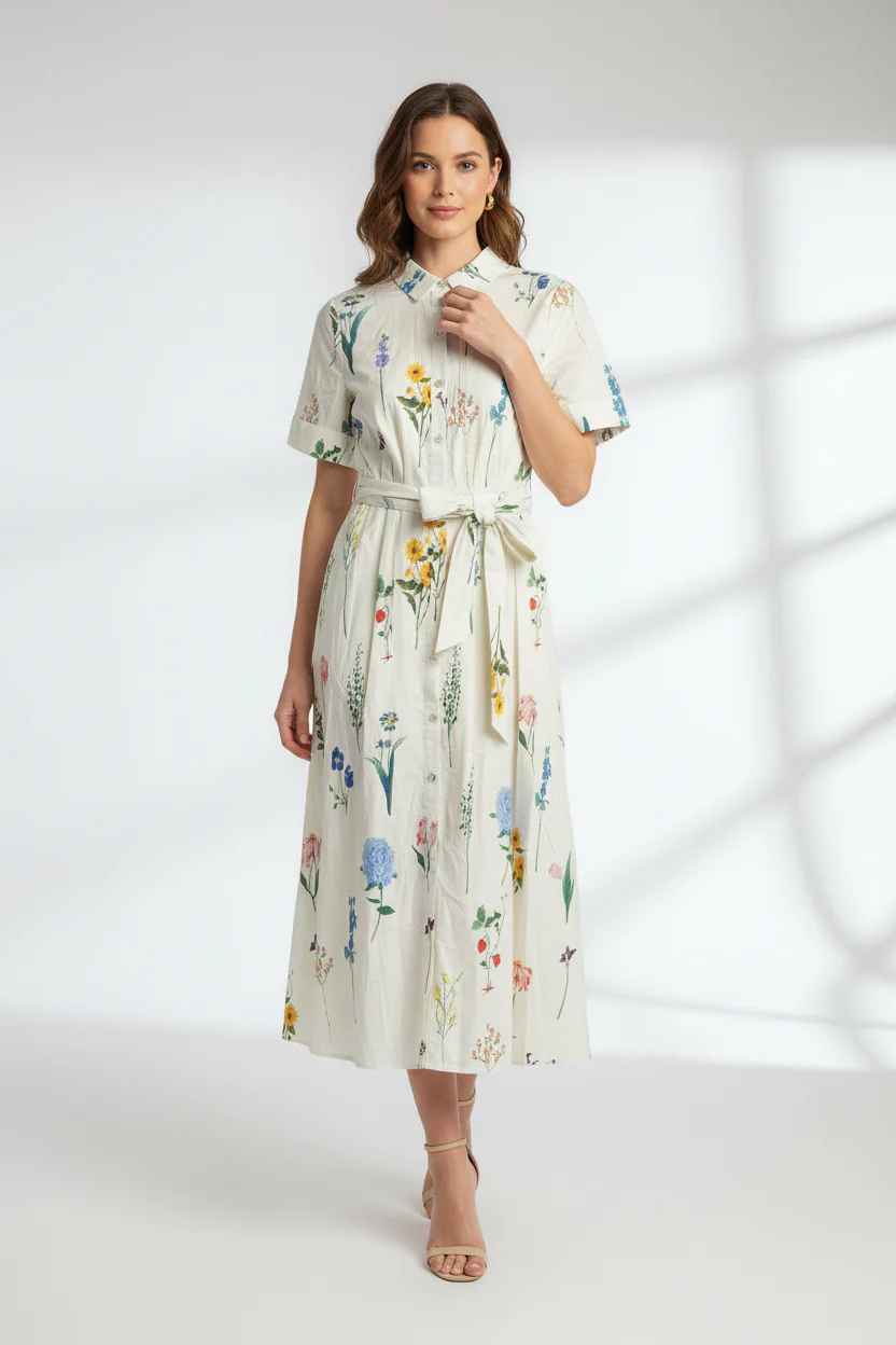 COLLARED BUTTON DOWN BELTED FLORAL MIDI DRESS - Image 2