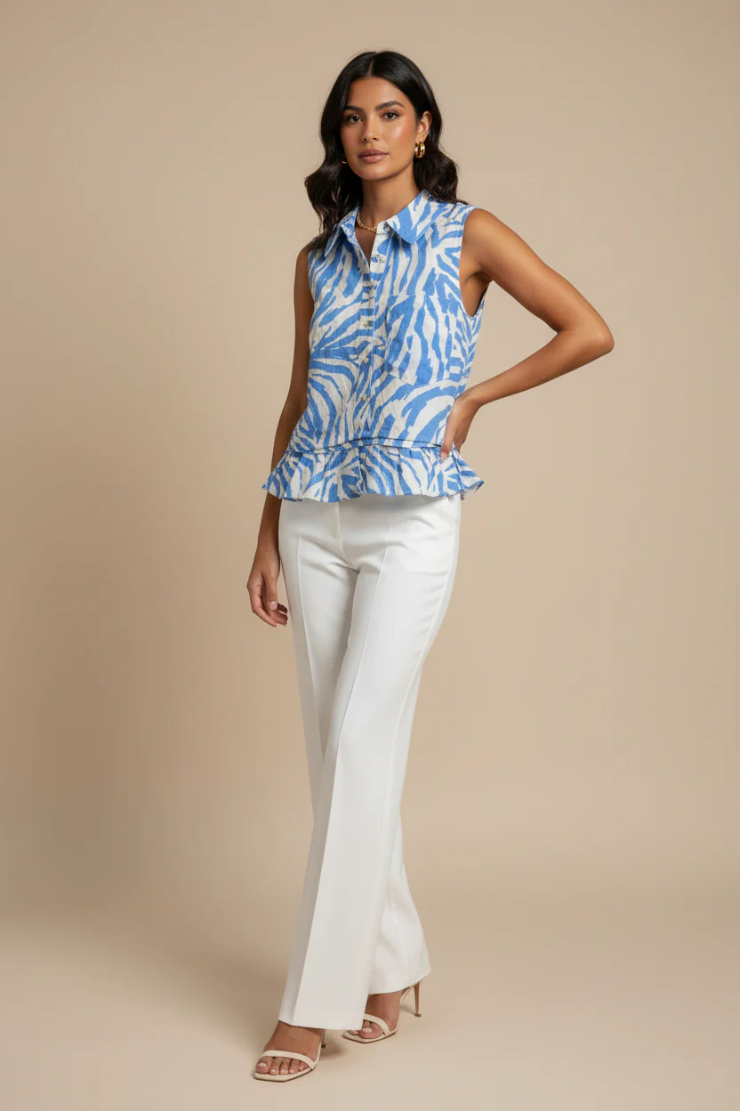 COLLARED TANK TOP WITH FRONT POCKET AND RUFFLED BOTTOM