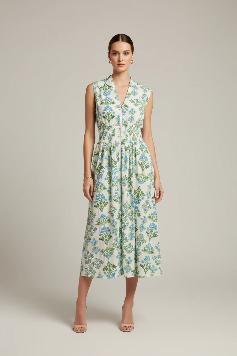 DROP SHOULDER SMOCKED WAIST FRONT ZIP PRINTED MIDI DRESS WITH POCKETS
