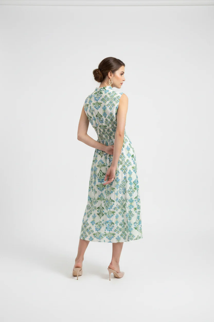 DROP SHOULDER SMOCKED WAIST FRONT ZIP PRINTED MIDI DRESS WITH POCKETS - Image 2