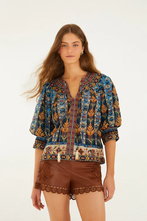 Embroidered Tapestry Blue Short Sleeve Blouse