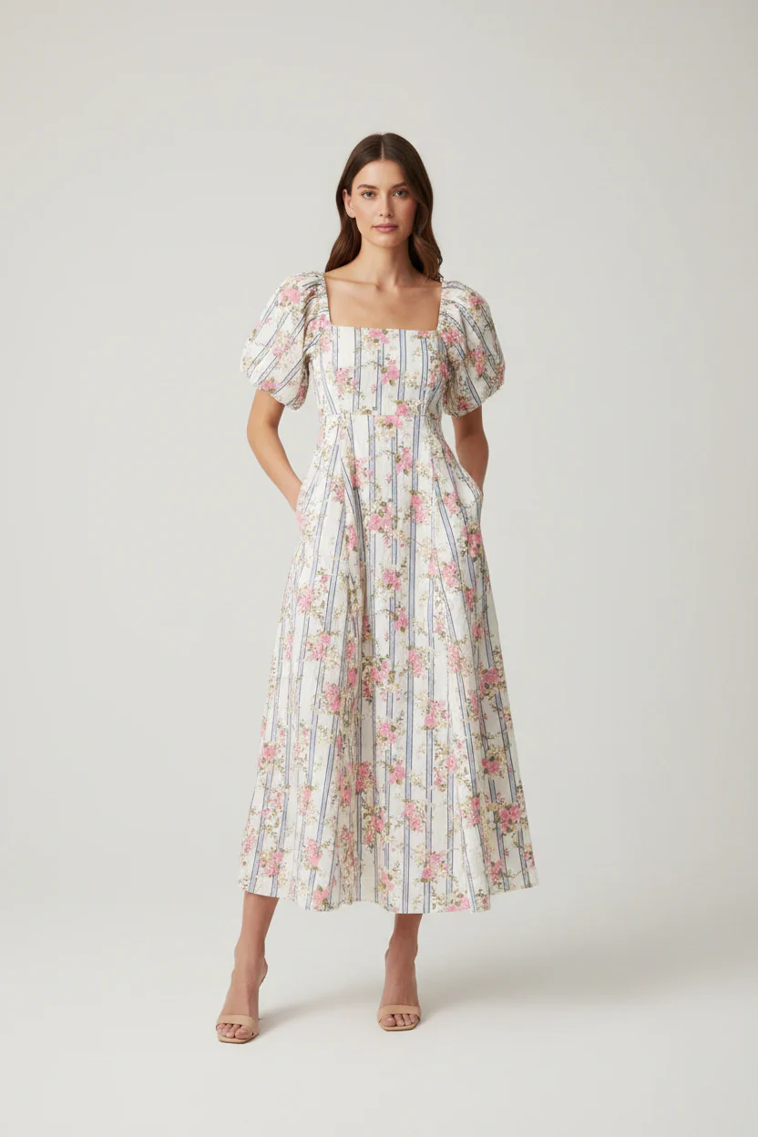 FLORAL MIDI DRESS WITH PUFF SLEEVES AND SQUARE NECK