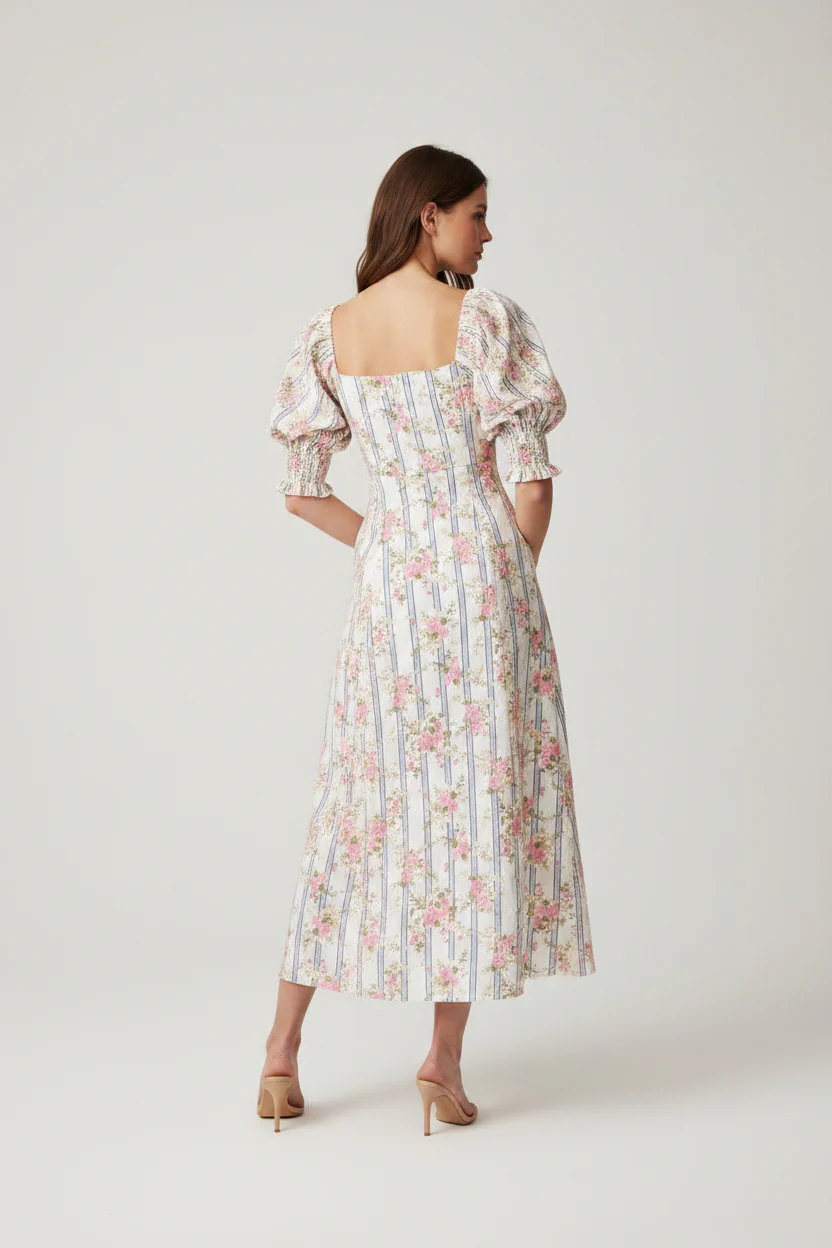 FLORAL MIDI DRESS WITH PUFF SLEEVES AND SQUARE NECK - Image 2