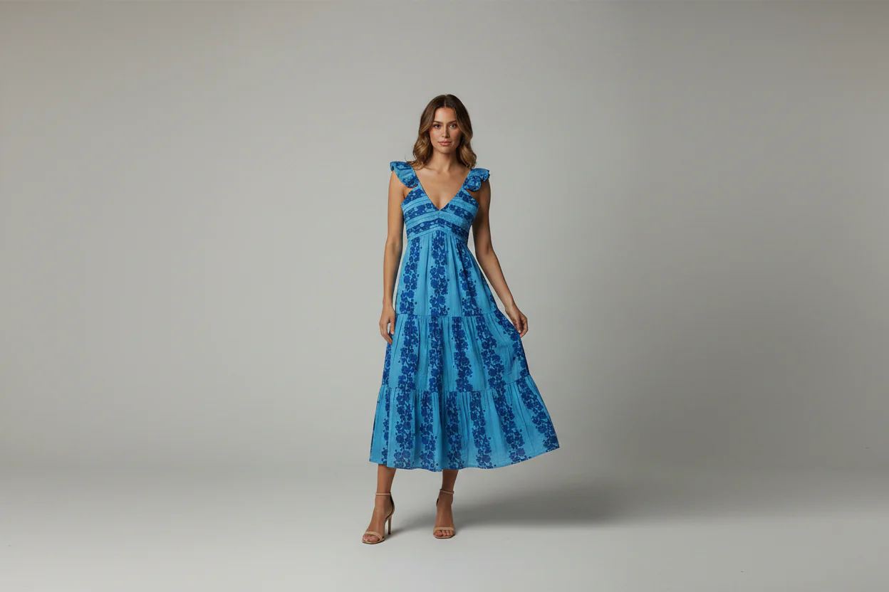 FLUTTER SLEEVE PATTERNED PRINT MIDI DRESS