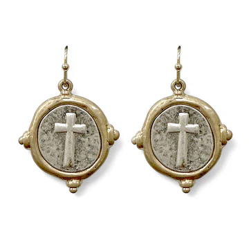 Gold Hammered Circle with Silver Cross .5" Drop Earring