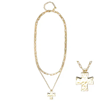 Gold Layered Chain with Hammered Cross Charm 16"-18" Necklace