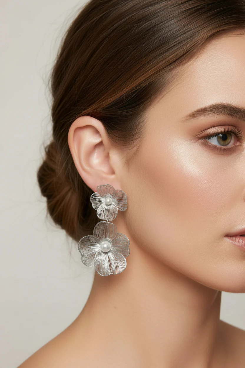 Metal Lace Pearl Flower Earrings - Image 2