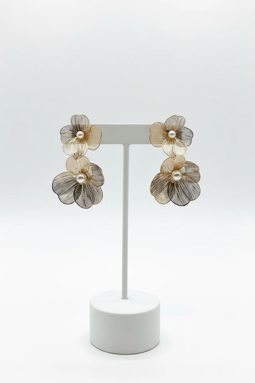 Metal Lace Pearl Flower Earrings - Image 3