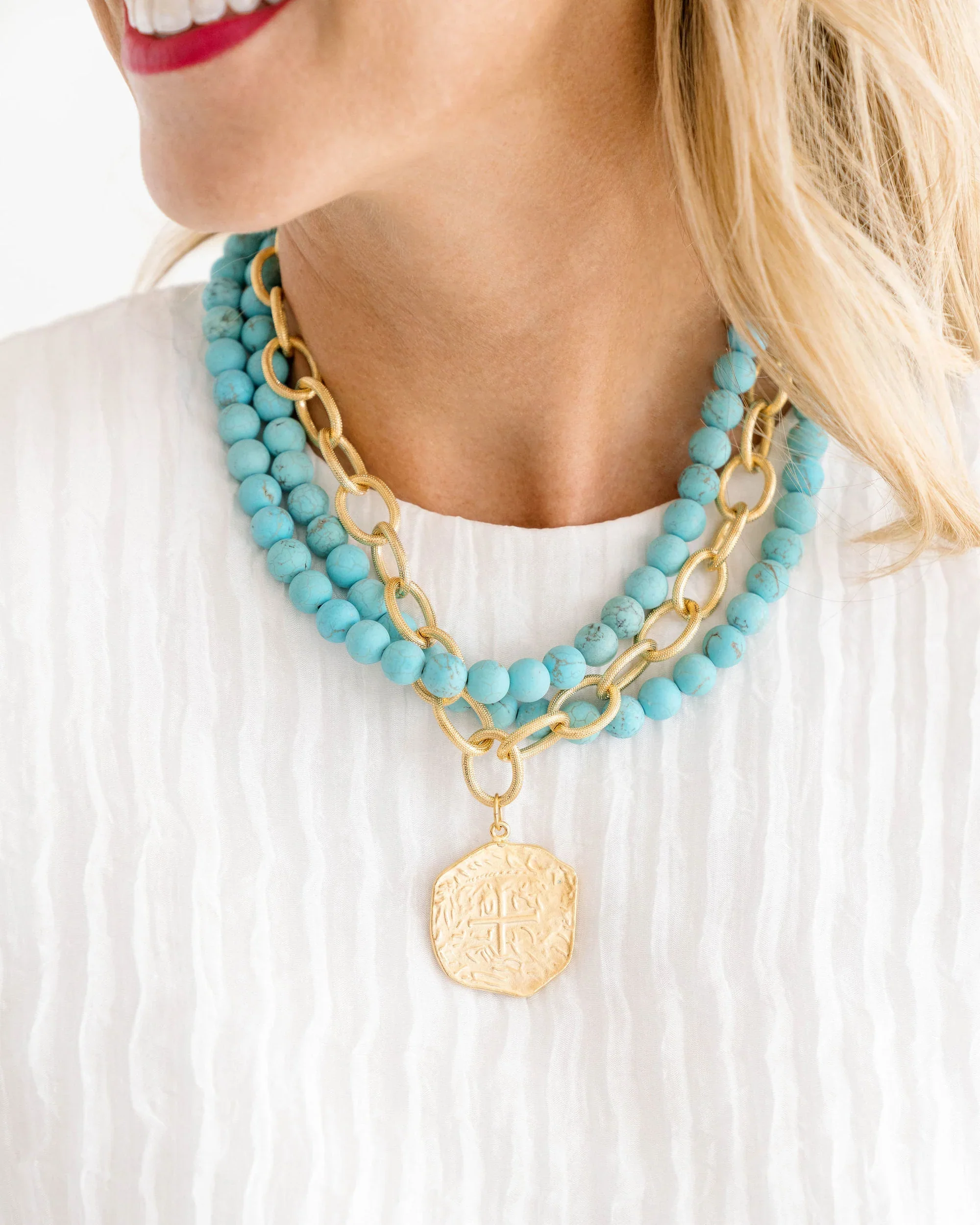 Multi Strand Turquoise + Coin Necklace - Image 2