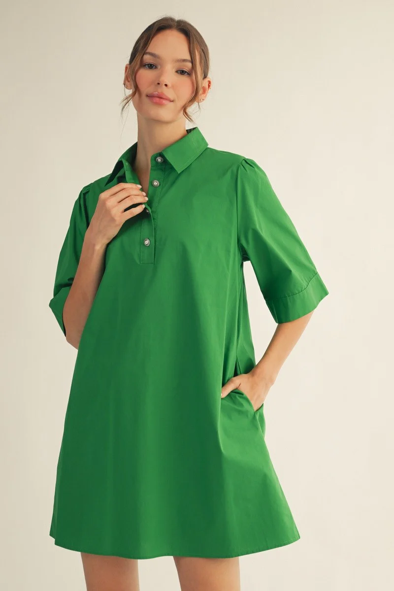 Pearl Button Accent Solid Shift Dress - Image 2