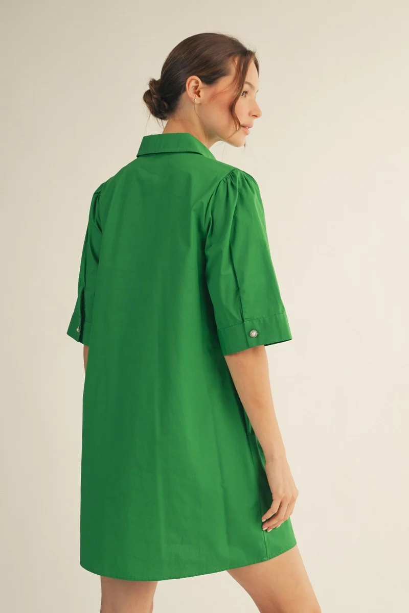 Pearl Button Accent Solid Shift Dress - Image 3