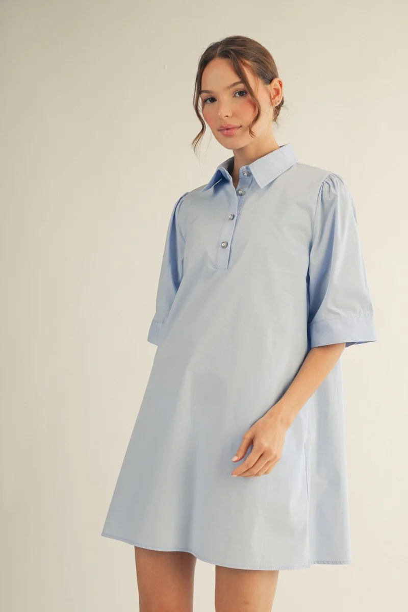 Pearl Button Accent Solid Shift Dress - Image 4