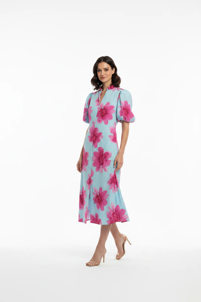 RUFFLE V-NECK PUFF SLEEVE WAIST PLEATED MIDI DRESS