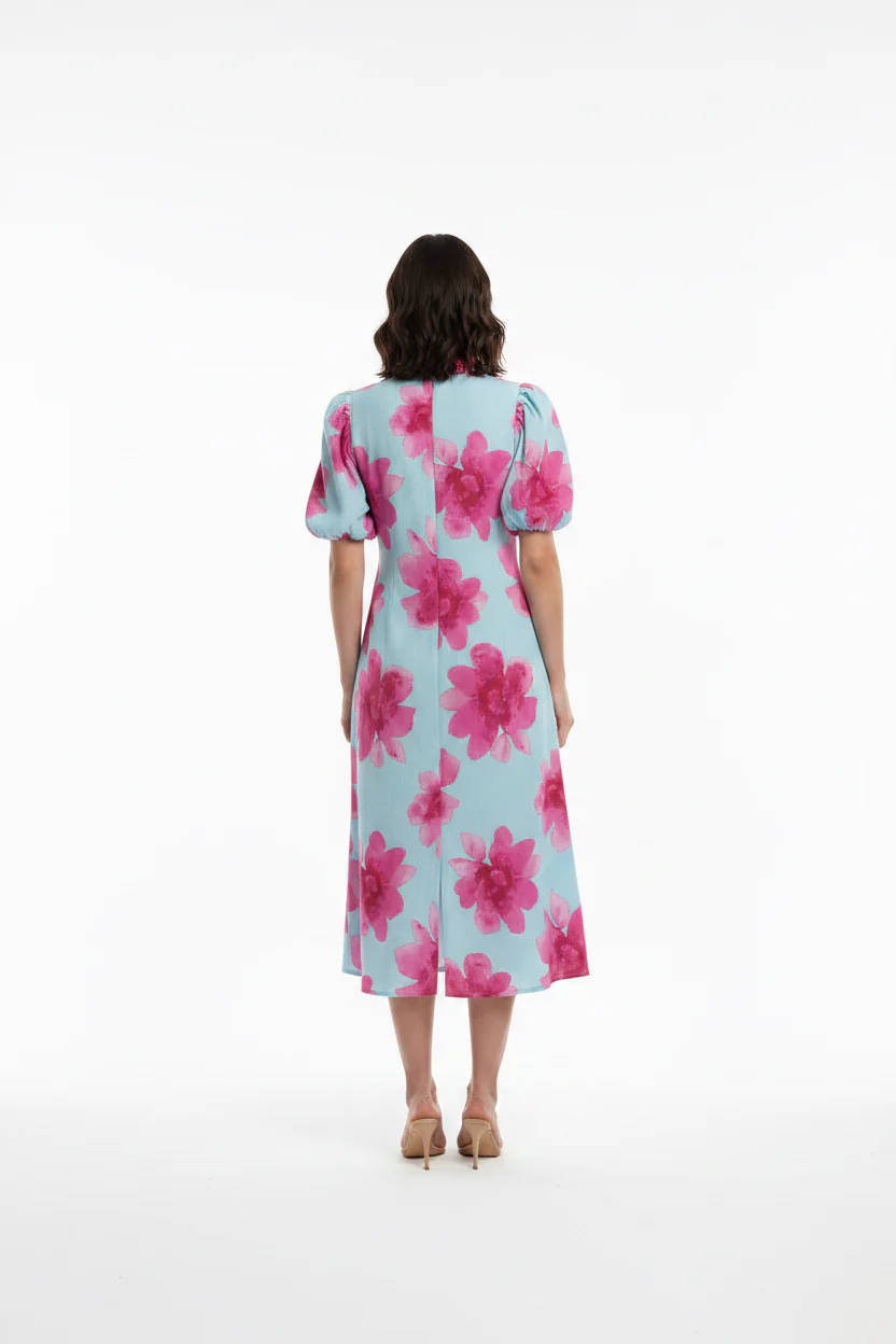 RUFFLE V-NECK PUFF SLEEVE WAIST PLEATED MIDI DRESS - Image 2