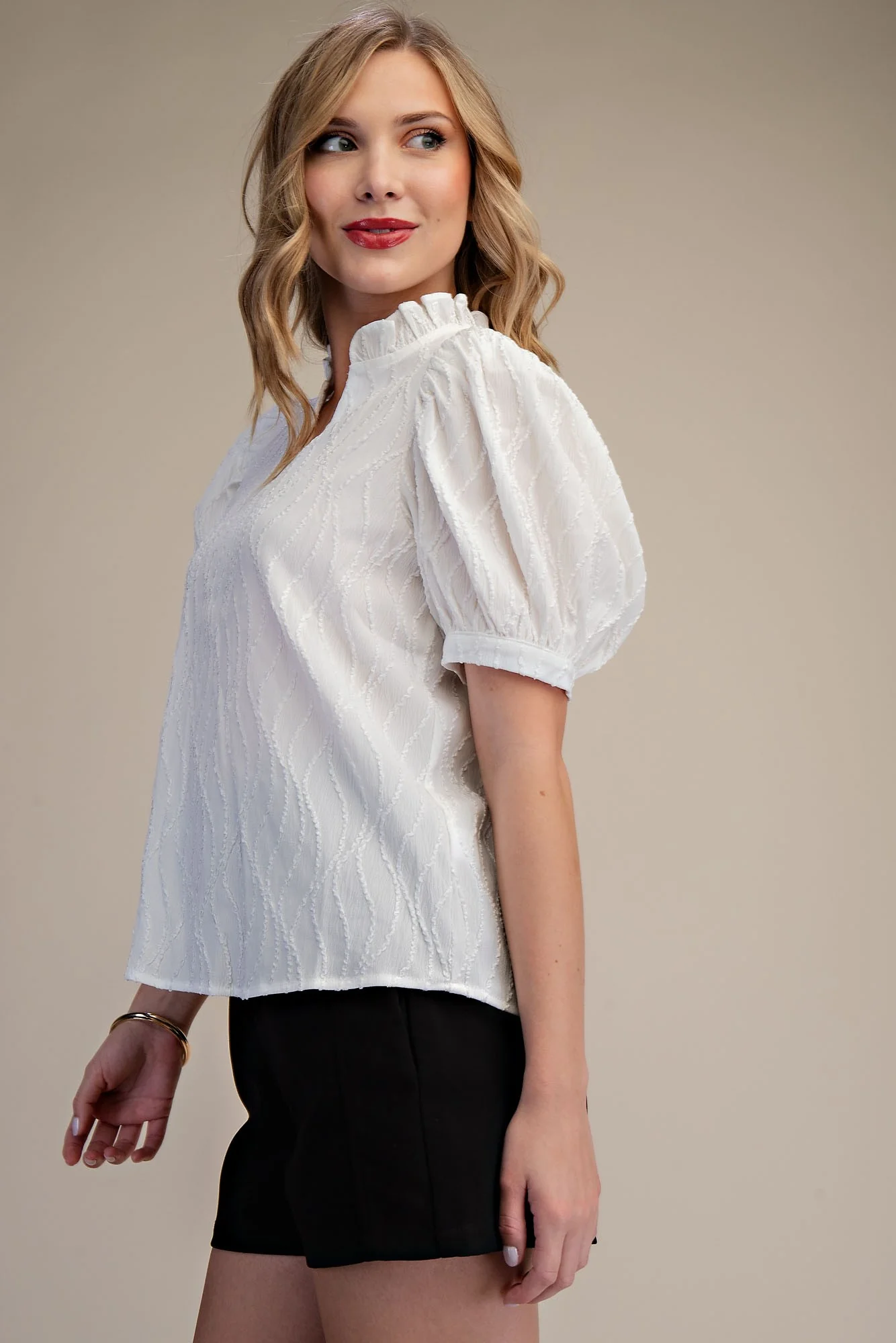 Ruffle V-Nek Puff Sleeve Top - Image 2