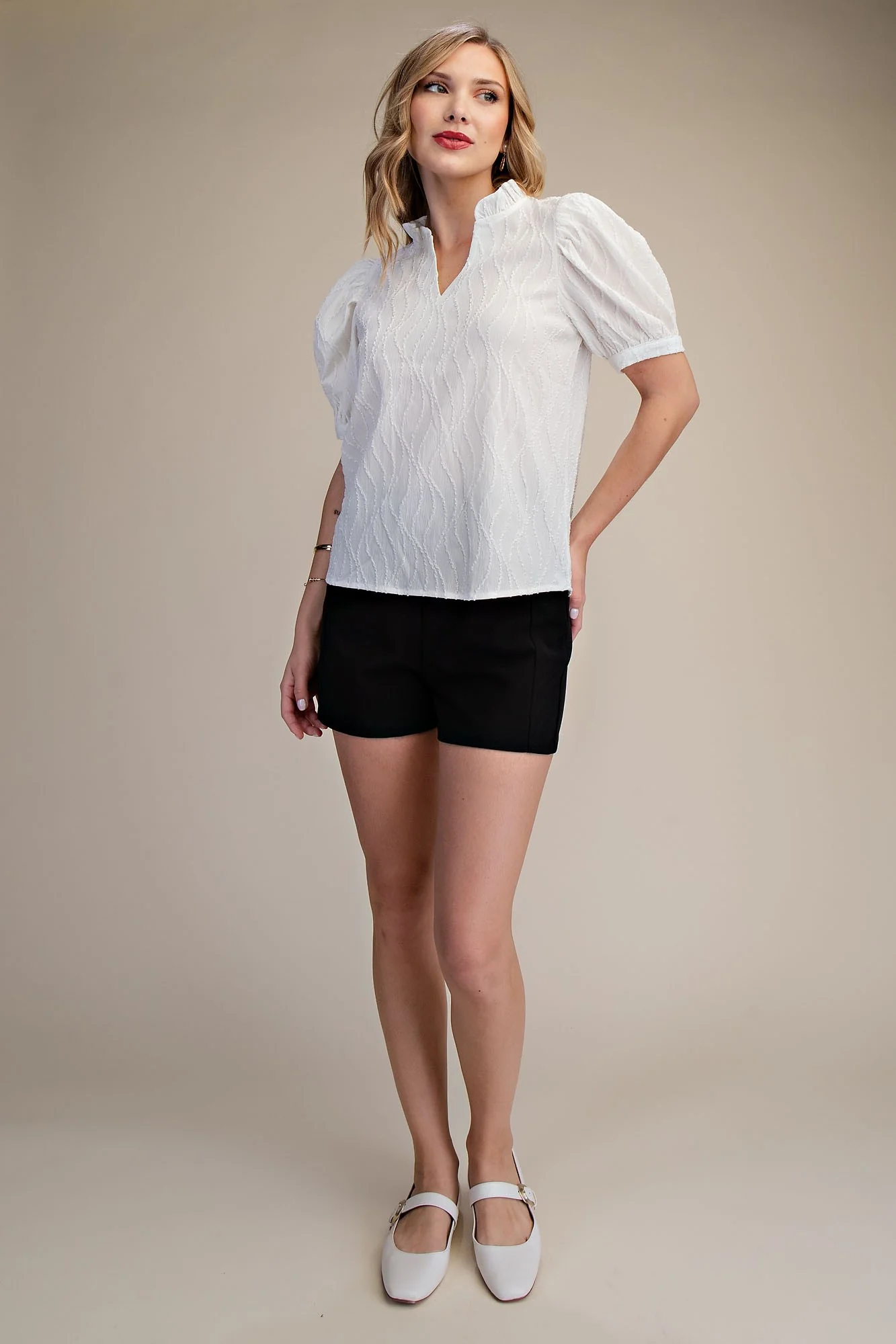 Ruffle V-Nek Puff Sleeve Top - Image 3
