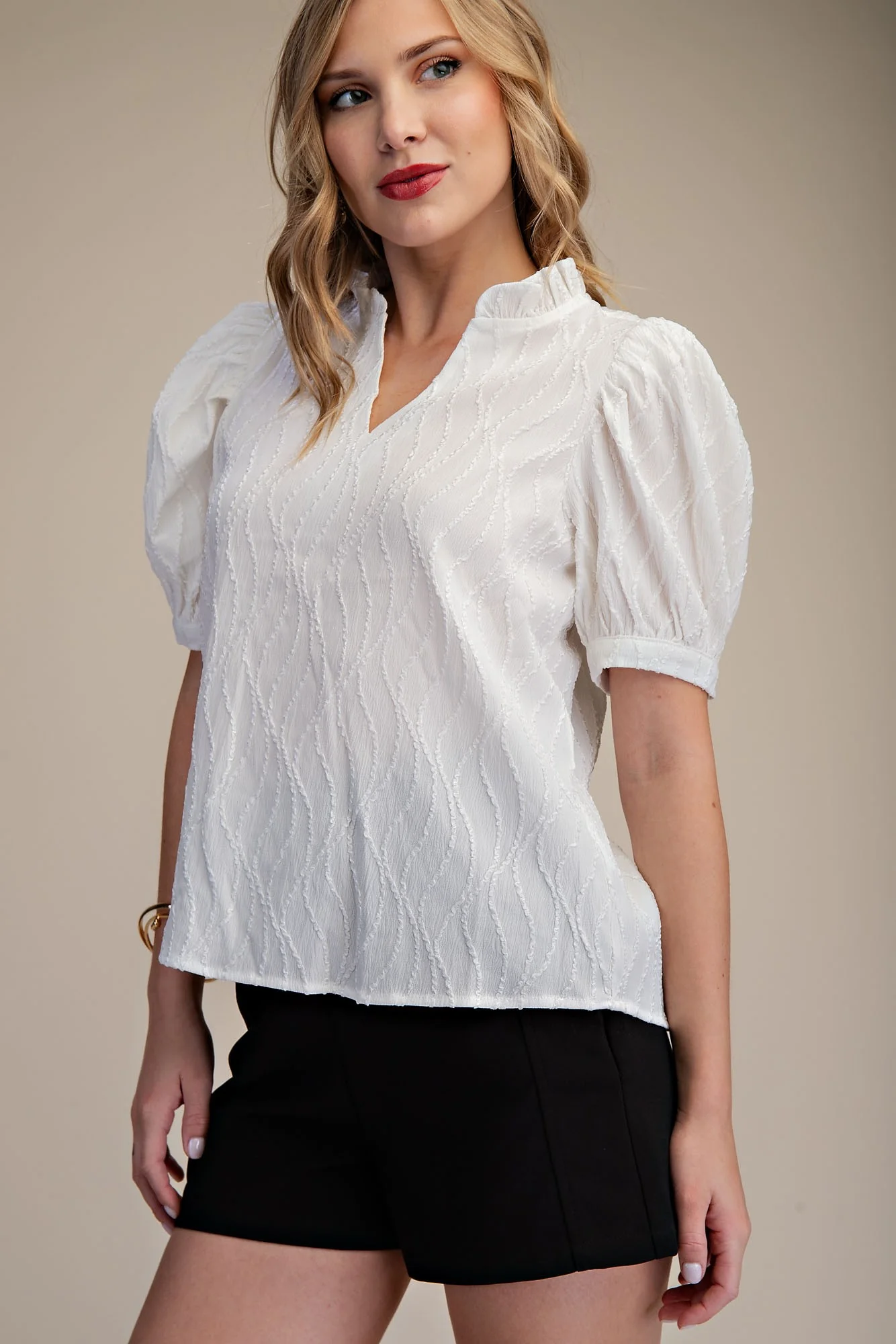 Ruffle V-Nek Puff Sleeve Top - Image 4