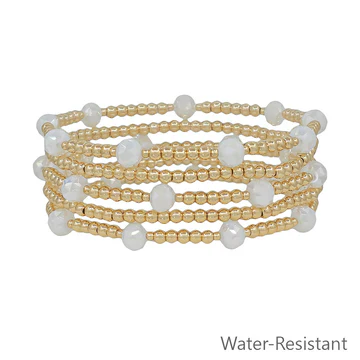 Set of 5 Gold Beaded with Accent Crystals Stretch Bracelet - Image 3