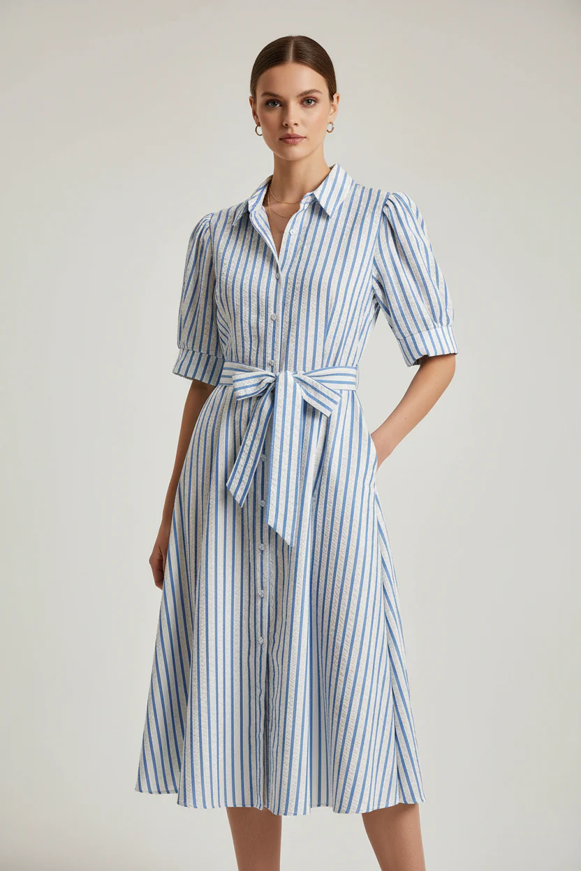 SHORT SLEEVE STRIPED MINI DRESS WITH POCKETS