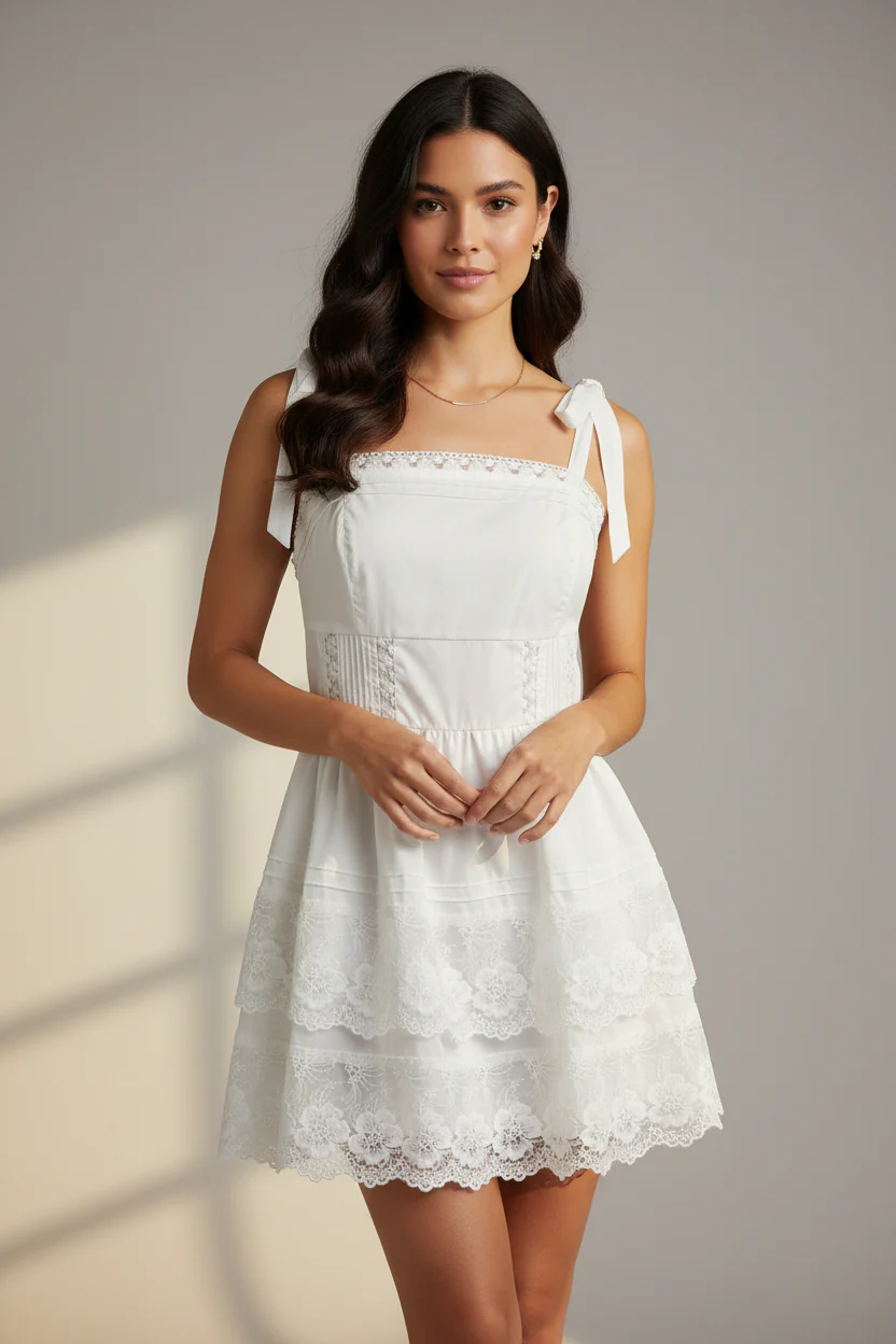 SHOULDER TIE MINI LACE DRESS