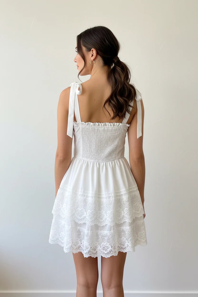 SHOULDER TIE MINI LACE DRESS - Image 2