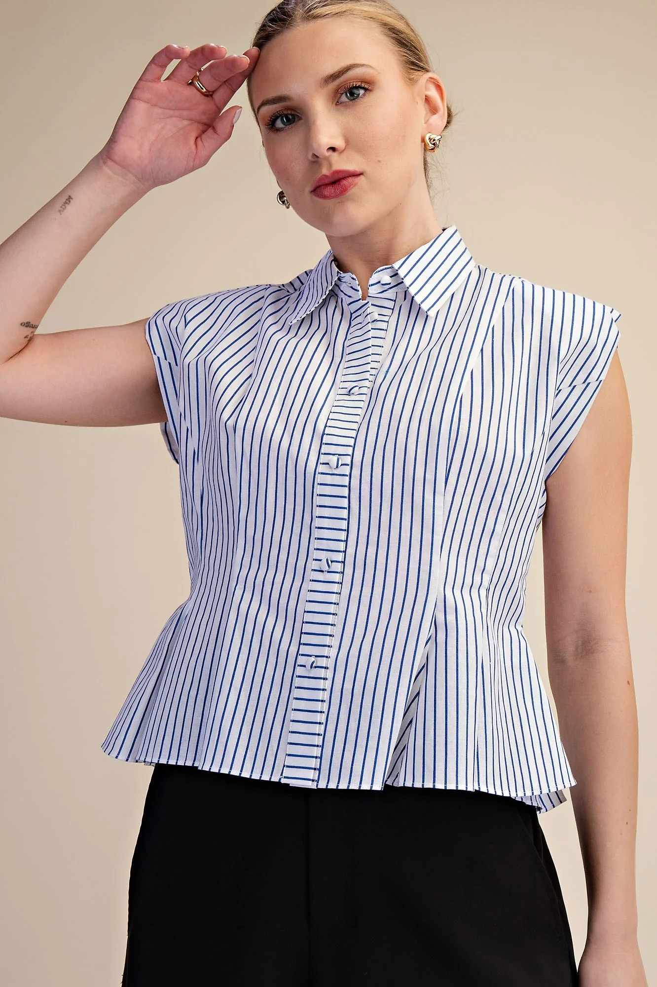 Sleeveless Button Down Pintuck Shirt - Image 3