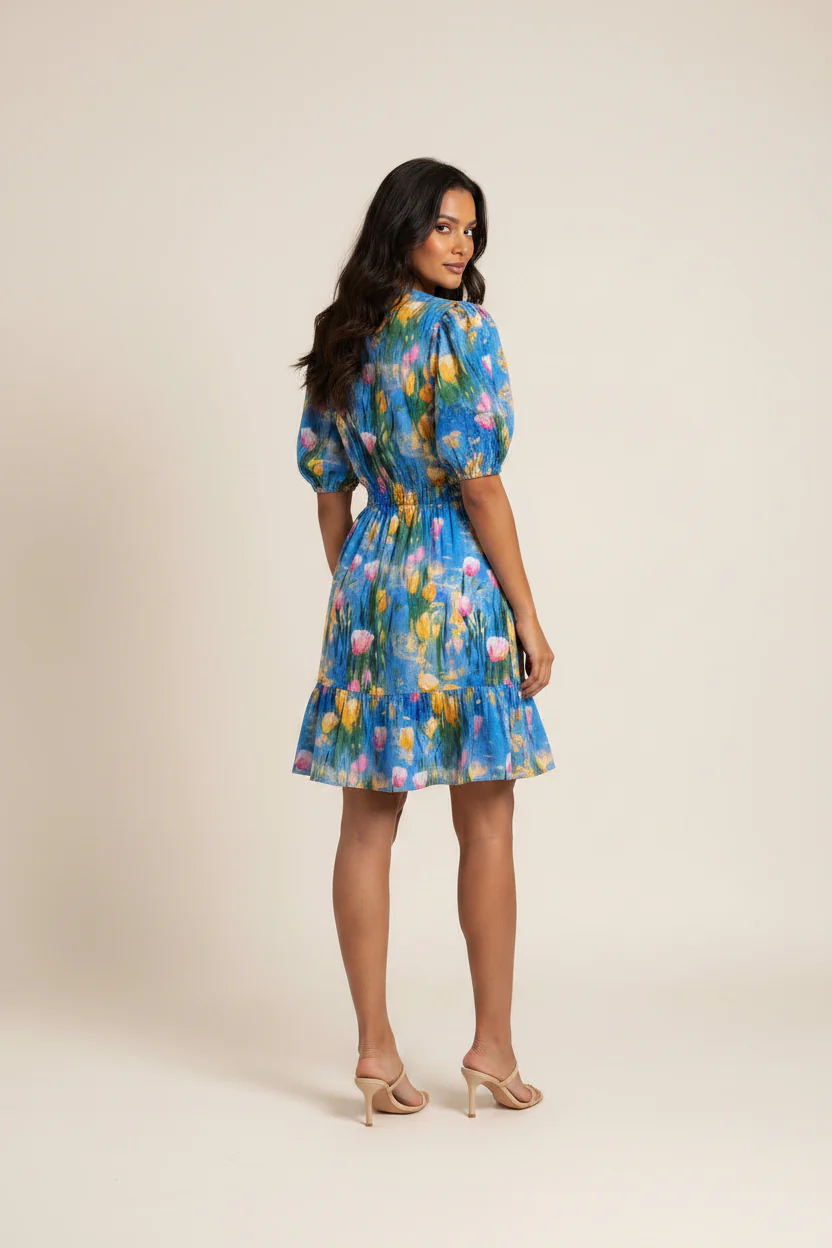 SMOCKED NECK AND WAIST WITH PUFF SLEEVE MINI DRESS - Image 2