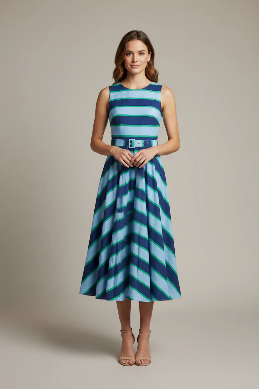 STRIPED SQUARE NECK BELTED MIDI DRESS