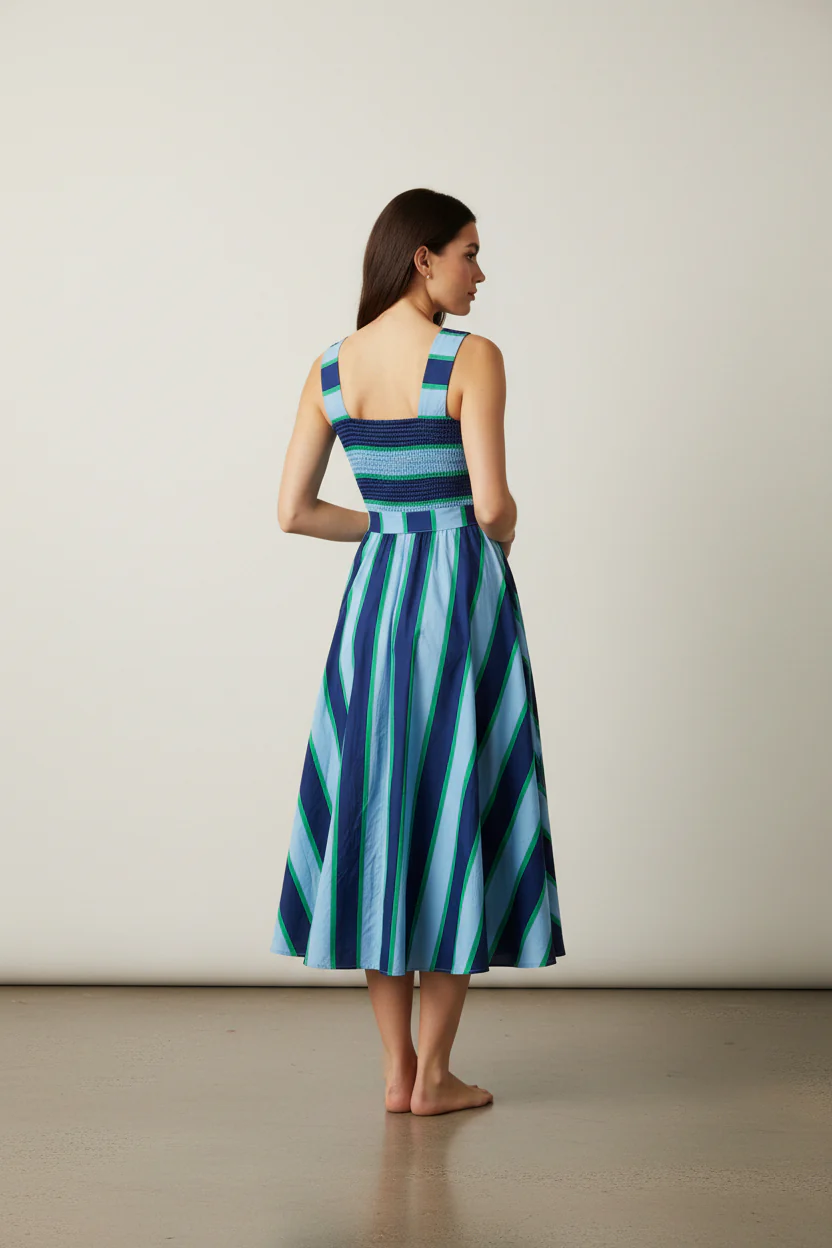 STRIPED SQUARE NECK BELTED MIDI DRESS - Image 2