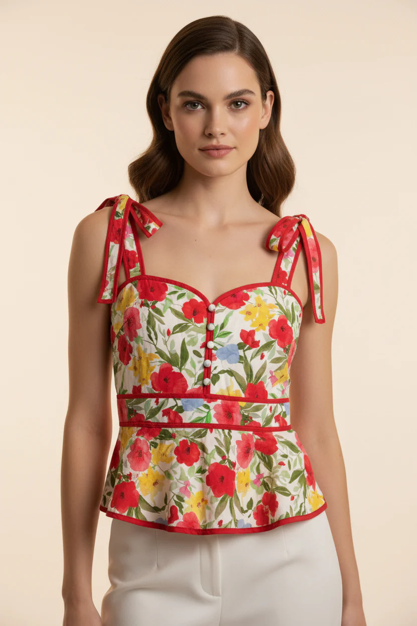 TIE STRAP FLORAL PRINT PEPLUM TANK TOP