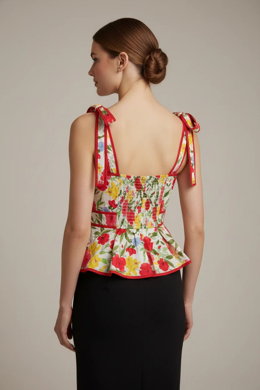TIE STRAP FLORAL PRINT PEPLUM TANK TOP - Image 2