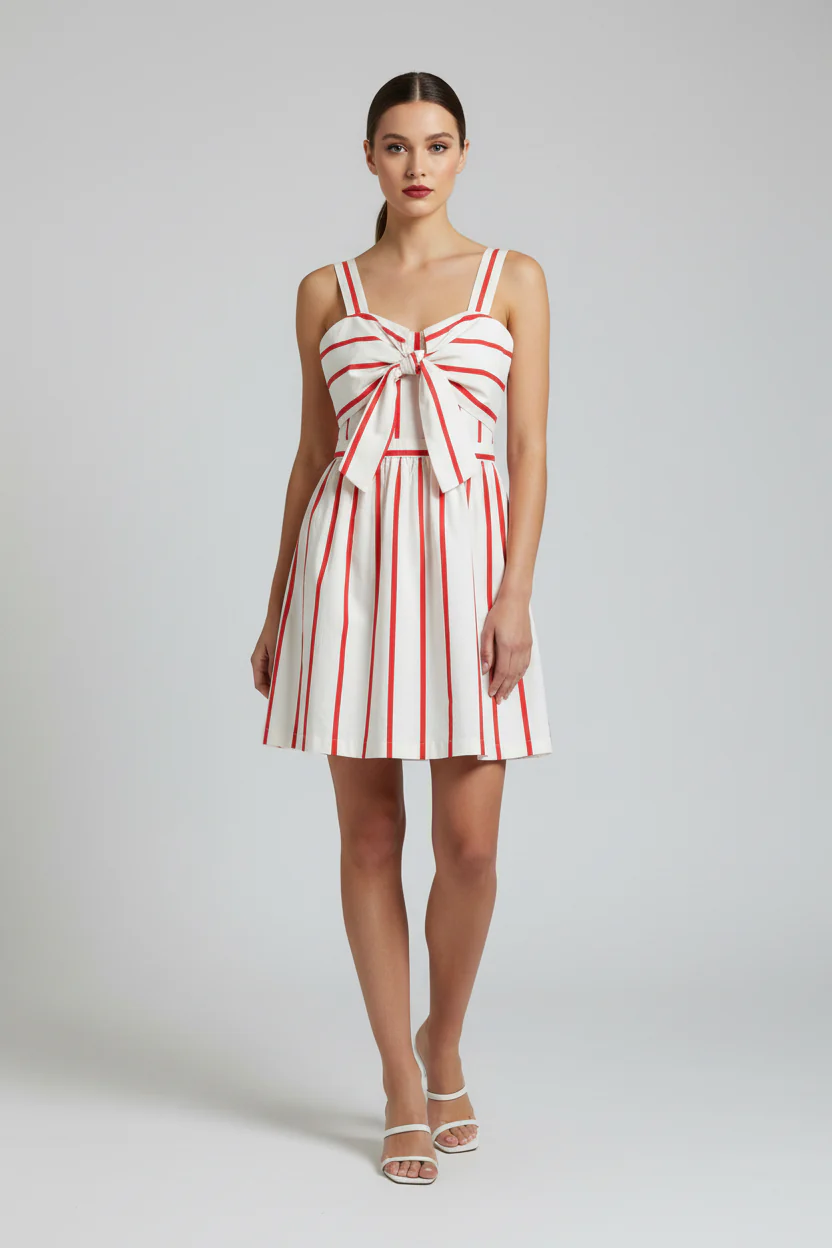 V-NECK TIE FRONT FIT AND FLARE STRIPE MINI DRESS