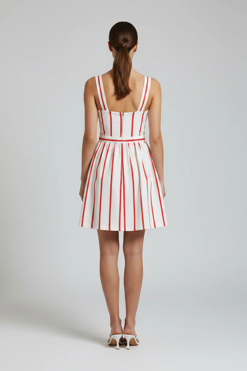 V-NECK TIE FRONT FIT AND FLARE STRIPE MINI DRESS - Image 2