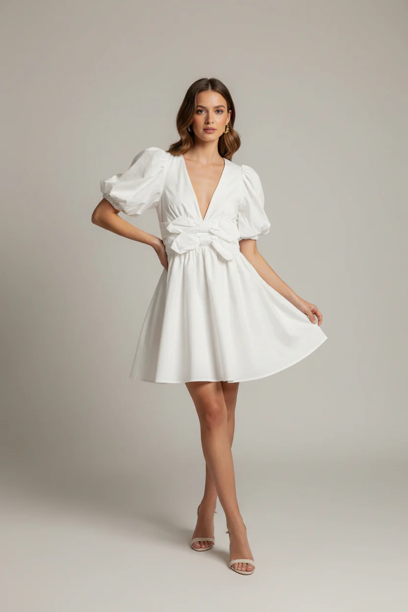 VNECK MINI DRESS WITH BUBBLE SLEEVE & FRONT BOW DETAIL