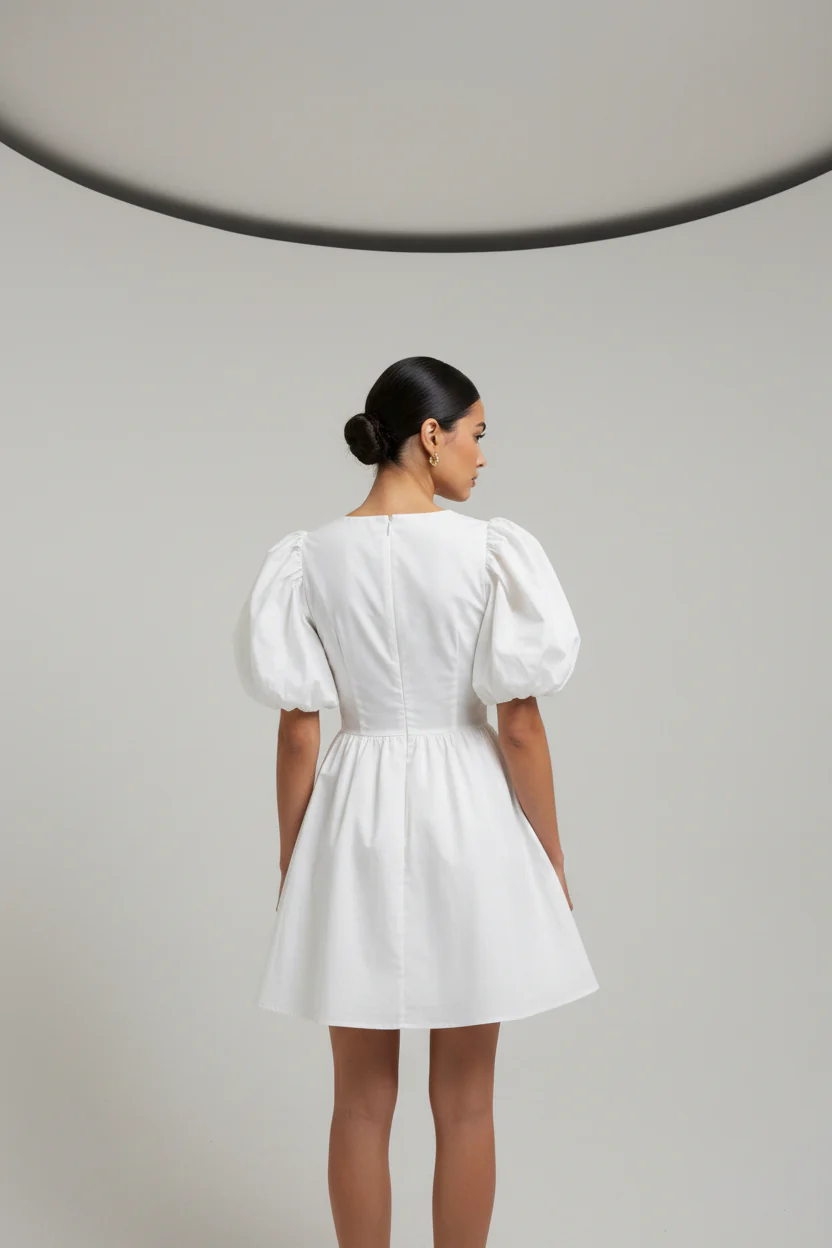VNECK MINI DRESS WITH BUBBLE SLEEVE & FRONT BOW DETAIL - Image 2