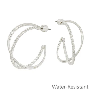 Water Resistant Gold Textured Twisted X 1.25" Hoop Earring - Image 3