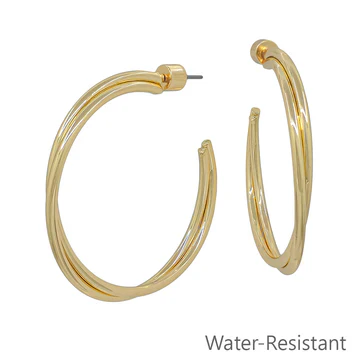 Water Resistant Gold Twisted 2" Hoop Earring