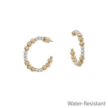 Water Resistant Graduated Gold Bead 1" Hoop Earring - Image 2